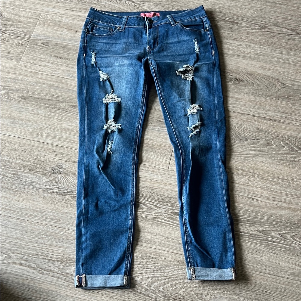 Wax Jean Women's Ripped Skinny Jeans in Deep Blue